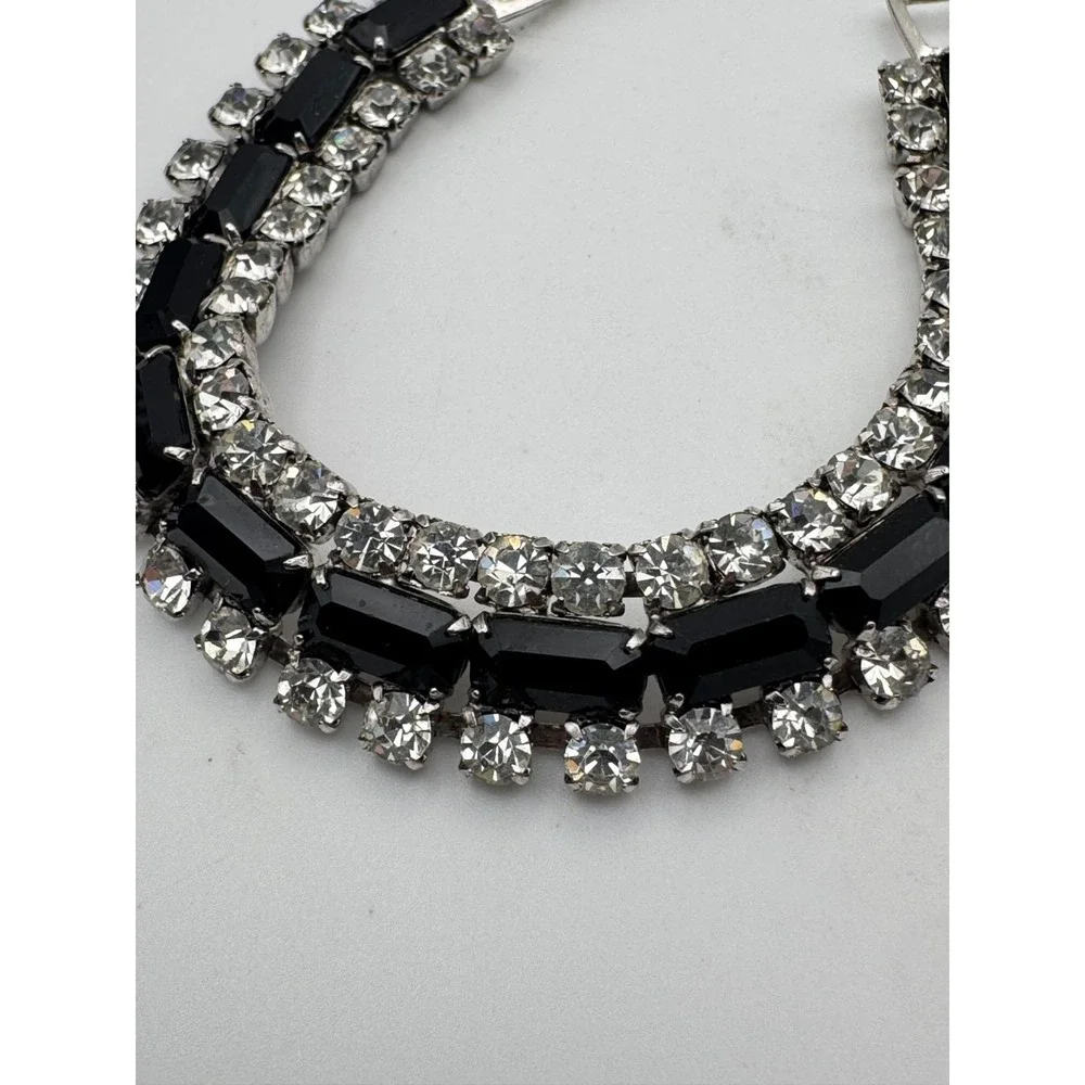 Vintage Rhinestone Bracelet Black Emerald Cut Clear 3 Row Jeweled Clasp MCM